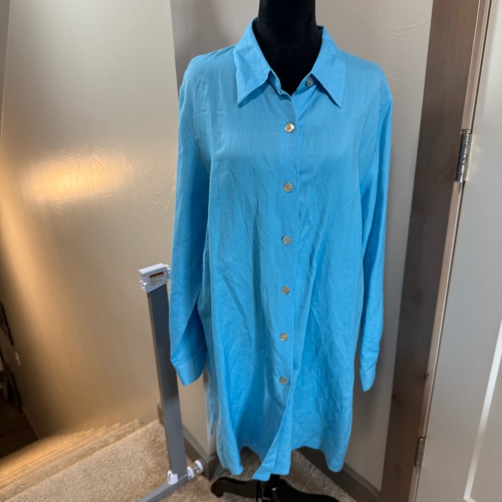 Dialogue Women's Blue Linen Blend Button Down Long Length Tunic Blouse Shirt L